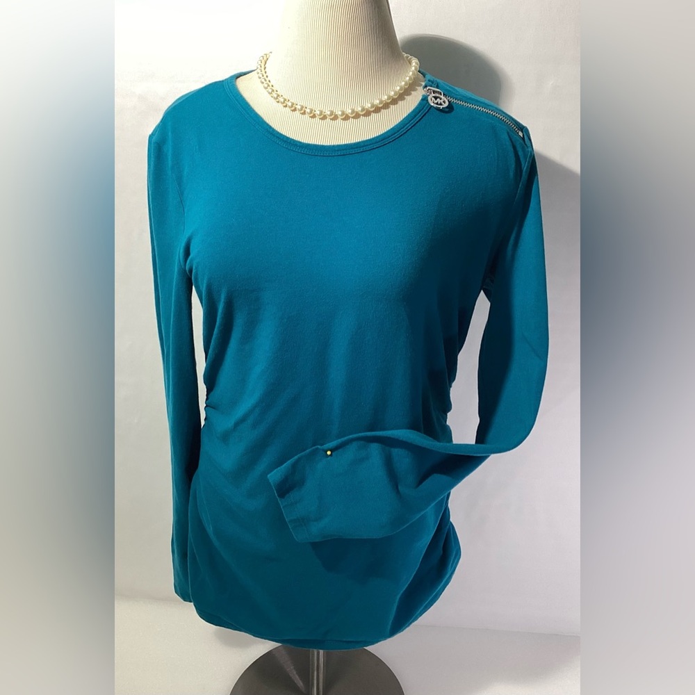 Michael Kors Top Size L Ruffled sides Long Sleeve One shoulder Zip w MK Logo